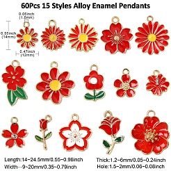 60個15スタイルアロイエナメルペンダント  ラインストーン付き  花のチャーム  ゴールドカラー  レッド  14~24.5x9~20x1.2~6mm  穴：1.5~2mm  4個/スタイル&nbsp;ENAM-CJ0006-46