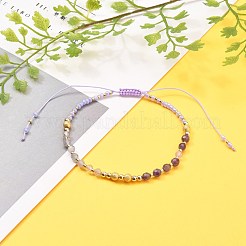 調節可能なナイロン糸編組ビーズブレスレット  天然のラブラドライトとアメジストビーズを使用  ガラスシードビーズと真鍮ビーズ  18KGP本金メッキ  2-3/8~3-7/8インチ（5.9~10.1cm）&nbsp;BJEW-JB05593-04