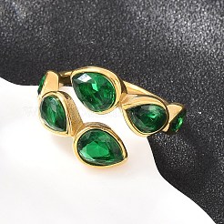 304ステンレススチール製キュービックジルコニアカフオープンリング  ティアドロップ  ゴールドカラー  グリーン  2.5~7.5mm  内径：19mm&nbsp;RJEW-F203-01G-02
