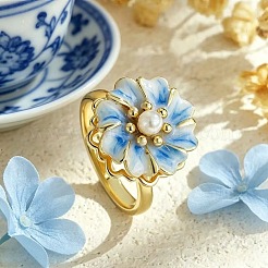 真鍮エナメル回転式指輪（女性用）  花  模造パールと  不安を落ち着かせる瞑想用フィジェットスピナーリング  ゴールドカラー  ライトブルー  15~20mm&nbsp;WG848BF-01