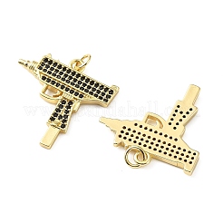 真鍮製マイクロパヴェキュービックジルコニアペンダント  銃の形をしたチャーム  18KGP本金メッキ  ブラック  24x24.5x2mm  穴：3mm&nbsp;KK-H279-06G-01