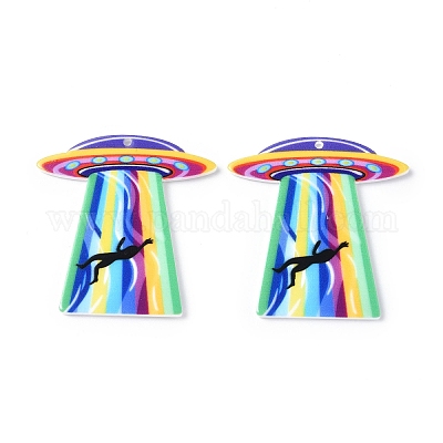 エイリアンテーマのアクリルパーツ  UFO チャーム  人間の模様  39.5x38.5x2mm  穴：1.5mm&nbsp;MACR-E013-03C-1