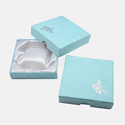 厚紙のブレスレットボックス  内部のスポンジ  バラの花の模様  正方形  淡いターコイズ  90x90x22~23mm&nbsp;CBOX-G003-14C-1