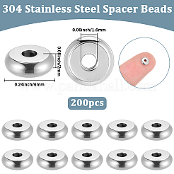 304ステンレススチールビーズ  フラットラウンド  ステンレス鋼色  6x2mm  穴：1.6mm  200pc&nbsp;STAS-BBC0009-89A