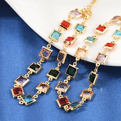 女性用 304 ステンレススチール スクエアリンクブレスレット  ガラスと  ゴールドカラー  7-1/8インチ（18cm）&nbsp;BJEW-S157-09G