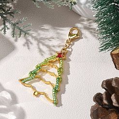 クリスマステーマのガラスシードと合金のペンダントデコレーション  304ステンレススチールのロブスタークロウ留め金付き  クリスマスツリー  62.5mm&nbsp;HJEW-MZ00312-03