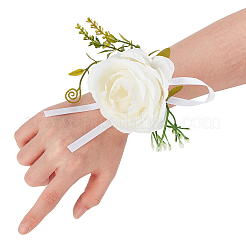 シルクリストバンド2個  プラスチック製の模造花と模造真珠のストレッチブレスレット付き  結婚式のための  パーティーの装飾  ホワイト  140x150mm  2個/袋&nbsp;AJEW-CP0004-65