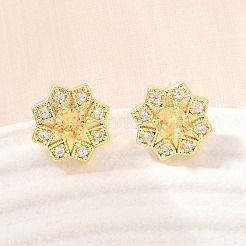 真鍮製 マイクロパヴェ キュービックジルコニア スタッドピアス 女性用  花  カドミウムフリー＆鉛フリー  長持ちメッキ  ラックめっき  18KGP本金メッキ  ミックスカラー  9.5x10.5mm&nbsp;KK-A305-03G