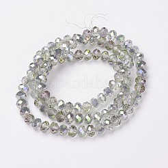 電気メッキ透明ガラスビーズ連売り  メッキ半分緑  多面カット  ロンデル  透明  3x2mm  穴：0.8mm  約150~155個/連  15~16インチ（38~40cm）&nbsp;EGLA-A034-T2mm-S01