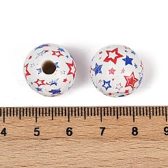 独立記念日テーマ木製ヨーロピアンビーズ  プリントされた大穴ビーズ  ラウンド  ホワイト  15.5~6mm  穴：4mm&nbsp;WOOD-Z005-01B-02