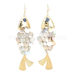 合金ダングルピアス  魚  シェルと  ゴールドカラー  120x31~33mm&nbsp;EJEW-D349-01G