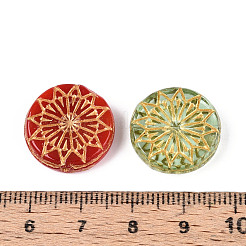 花のガラスビーズが付いたフラットラウンド  ゴールドライン入り  ミックスカラー  18x5~5.5mm  穴：1~1.2mm&nbsp;GLAA-T025-74M