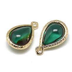 ガラスチャーム  ゴールデントーン真鍮パーツ  ティアドロップ  グリーン  18.5x12.5x7mm  穴：1.5mm&nbsp;X-GLAA-Q068-19A-06