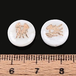 天然淡水シェルビーズ  金メッキ真鍮エッチング金属装飾付き  十二星座とフラットラウンド  貝殻色  双子座  11~12x4~6mm  穴：0.5~0.9mm&nbsp;SHEL-N037-02G-G