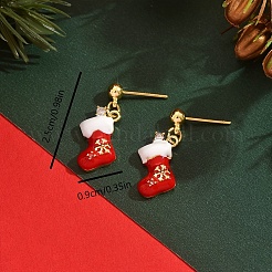 クリスマスソッキング真鍮エナメルダングルスタッドピアス  合金のイヤリング金具付き  ゴールドカラー  レッド  25x9mm&nbsp;QV0416