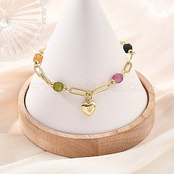 真鍮ハートチャームブレスレット  キューブ型天然マルチカラートルマリンビーズリンクブレスレット（女性用）  ミックスカラー  7.48~7.68インチ（19~19.5cm）&nbsp;BJEW-JB13880