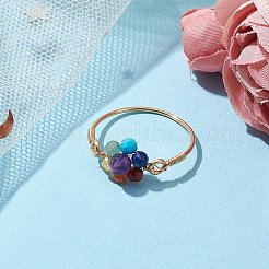 花の天然宝石の指輪  女性用銅線巻きリング  ライトゴールド  内径：20mm&nbsp;RJEW-JR00713-02