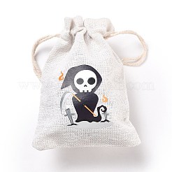 ハロウィンコットンクロス収納ポーチ  長方形巾着袋  キャンディーギフトバッグ用  スカル模様  13.8x10x0.1cm&nbsp;LS-ABAG-M004-01H