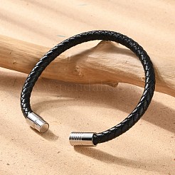 混合編みこみレザーコードブレスレット  304ステンレススチール製マグネット留め具付き  ブラック  200x6mm&nbsp;BJEW-I199-M