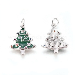 真鍮製マイクロパヴェキュービックジルコニアペンダント  エナメルと丸カン付き  クリスマスツリー  グリーン  プラチナ  18.5x15x2mm  穴：3mm&nbsp;ZIRC-I028-10P