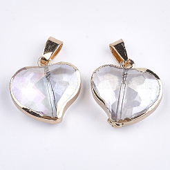 ガラスチャーム  鉄パーツ  多面カット  ハート  ゴールドカラー  透明  20x19~20x7mm  穴：7x3.5mm&nbsp;GLAA-S130-09