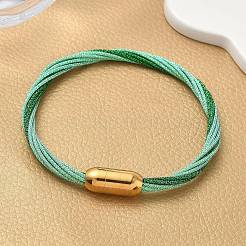 304ステンレススチールとポリエステルメタリックコードの女性用ブレスレット  魚糸インナーとマグネット留め具付き  イオンプレーティング（ip）  ミックスカラー  7-1/4インチ（18.3cm）&nbsp;BJEW-Z145-01G