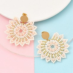 304ステンレススチールとボヘミアンビーズフラワーダングルスタッドピアス（女性用）  ゴールドカラー  雪  54x50x4.5mm  ピン：0.8mm&nbsp;EJEW-R001-04B