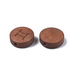 レーザー彫刻された木製ビーズ  星座12個のフラットラウンド  染め  キャメル  双子座  12x4mm  穴：1.6mm&nbsp;WOOD-S053-53K