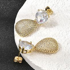 真鍮製クリアキュービックジルコニアダングルスタッドピアス  ティアドロップ  ゴールドカラー  32x13mm&nbsp;EJEW-A162-04G