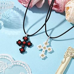2個2色の手作りガラスシードビーズとガラスパールラウンドペンダントネックレス  織機模様  クロス  ミックスカラー  18.03インチ（45.8cm）  1pc /カラー&nbsp;NJEW-MZ00058