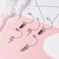 ダブルポインテッドブレットナチュラルミックスストーンダングルスタッドピアス  女性用チェーンドロップカフピアス  プラチナ  100mm  ピン：0.7mm&nbsp;EJEW-JE04707
