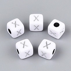 不透明なアクリルビーズ  文字付きのキューブ  シルバーライン入り  文字x  9~10x9~10x9~10mm  穴：4mm  約625個/500g&nbsp;SACR-T035-03X