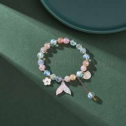 ガラスと合成ムーンストーンのラウンド ビーズ ストレッチ ブレスレット  合金エナメル シェル & レジン マーメイド テール シェイプ チャーム ブレスレット 女性用  カラフル  内径：2-1/8インチ（5.4cm）&nbsp;BJEW-TA00192