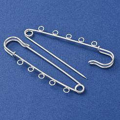 鉄の安全ピンのブローチパーツ  5つのループが付いたキルトピン  ラックめっき  銀  22x80x6mm  穴：3.5mm&nbsp;RN-CBAB9AC-03S