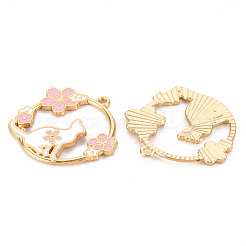 環境に優しい合金エナメルペンダント  カドミウムフリーと鉛フリー＆ニッケルフリー  ライトゴールド  猫とさくらの指輪  ピンク  30x31x2.5mm  穴：1.8mm&nbsp;ENAM-T011-60-NR