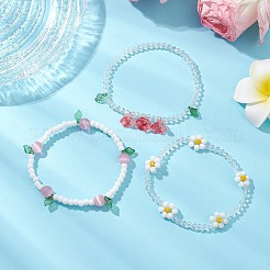 女性用アクリルチャームブレスレットセット3個3色  ガラスシードビーズとキャッツアイビーズ付き  ピンク  内径：2-1/4~2-3/8インチ（5.85~5.95cm）  1個/スタイル&nbsp;BJEW-TA00577-02