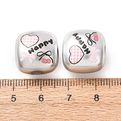 メッキ加工されたアクリル製ヨーロピアンビーズ  大穴ビーズ  「happy」という文字とリボンとハートが描かれた四角い枠  カラフル  16x16x12mm  穴：4.2mm&nbsp;AC-CBA655C-08
