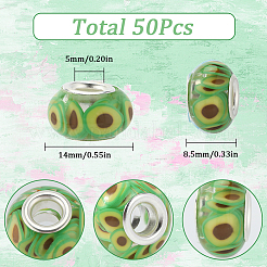 透明樹脂ヨーロピアンロンデルビーズ50個  大穴ビーズ  アボカドポリマークレイとプラチナトーン合金のダブルコアを使用  黄緑  14x8.5mm  穴：5mm&nbsp;RPDL-SC0001-09A