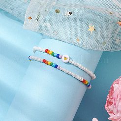 2個 2スタイル ハートガラスシードビーズストレッチブレスレットセット  女性用スタッカブルブレスレット  ホワイト  内径：2-1/8インチ（5.5cm）  1個/スタイル&nbsp;BJEW-JB10530-01
