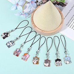 合金エナメルペンダント携帯ストラップ  猫  8.2cm  8個/セット&nbsp;HJEW-SW00047