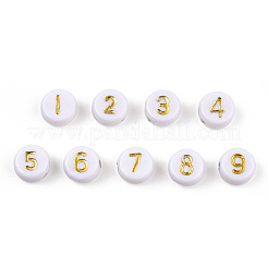 メッキアクリルビーズ  ゴールドライン入り  番号付きのフラットラウンド  ホワイト  ホワイト  7x4mm  穴：1.2mm  約3400個/500g&nbsp;PACR-R243-02