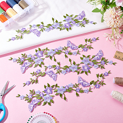 ポリエステルレーヨンフラワー刺繍糸アイロン接着/縫い付けパッチ4個  布のアップリケ  プラム  275x80x1.5mm&nbsp;PATC-HY0001-88C