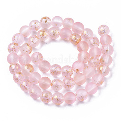フロストスプレー塗装ガラスビーズ連売り  金色の箔付き  ラウンド  ピンク  8~9mm  穴：1.2~1.5mm  約46~56個/連  14.37インチ〜16.3インチ（36.5~41.4cm）&nbsp;GLAA-N035-03C-C06