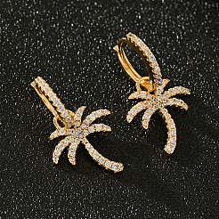 真鍮製のココナッツツリーフープピアス  クリアキュービックジルコニア  ゴールドカラー  26x14mm&nbsp;YL0119