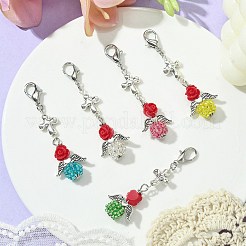 天使の十字架とバラの樹脂とガラスのペンダント装飾  バッグ飾り用の合金製ロブスター クロー クラスプ チャーム  ミックスカラー  65mm&nbsp;HJEW-MZ00091