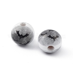 ハロウィンプリント天然木ヨーロピアンビーズ  大穴ビーズ  ラウンド  バット模様  15.2~16x15mm  穴：4~4.5mm&nbsp;WOOD-C014-01A