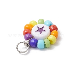 不透明アクリルとシードガラスのペンダント  スターとフラットラウンド  ミックスカラー  17.5x13.5x3.5mm  穴：3mm&nbsp;PALLOY-JF03837