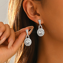 真鍮製マイクロパヴェキュービックジルコニアオーバルスタッドピアス（女性用）  プラチナ  ホワイト  36x14.1mm&nbsp;BT3883-3