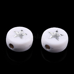 不透明なアクリルビーズ  スターとフラットラウンド  ホワイト  銀メッキ  7x4mm  穴：1.5mm  約3600個/500g&nbsp;PACR-N006-006A-01B
