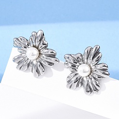 304ステンレススチールスタッドピアス  プラスチック模造パールと  花  ステンレス鋼色  25x22.5mm&nbsp;EJEW-B108-12P